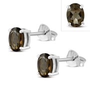 5x7mm Oval Prong-Set Smoky Quartz Stone Sterling Silver Stud Earrings - e446
